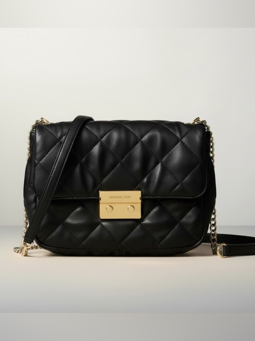 Michael Kors Leather Sloan Quilted Flap Shoulder Bag Chain Crossbody Black Gold - Picture 7 of 16
